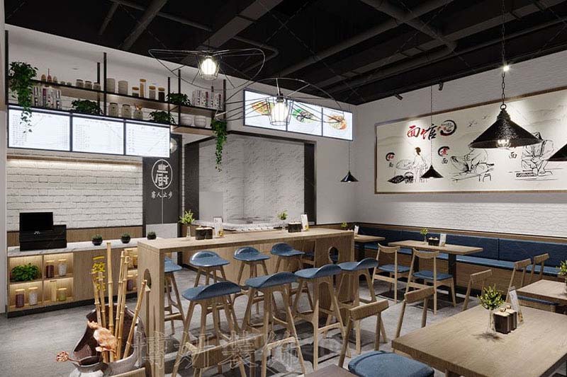 南京饺子混沌小吃店古今融合装修设计方案效果图-南京js4399金沙工装公司